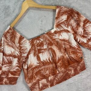 Roxy Women's Palm Print Crop Top Smocked Square Neck Blouse NWT‎ XL